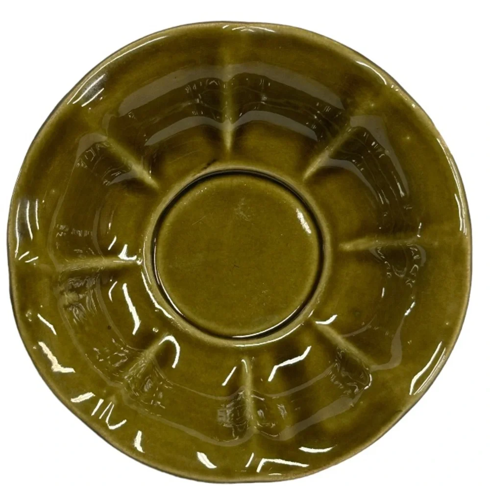 Vintage McCoy Olive Green Shallow Flower shaped Scalloped Bowl 7.5 W X 2 3/8‎ H